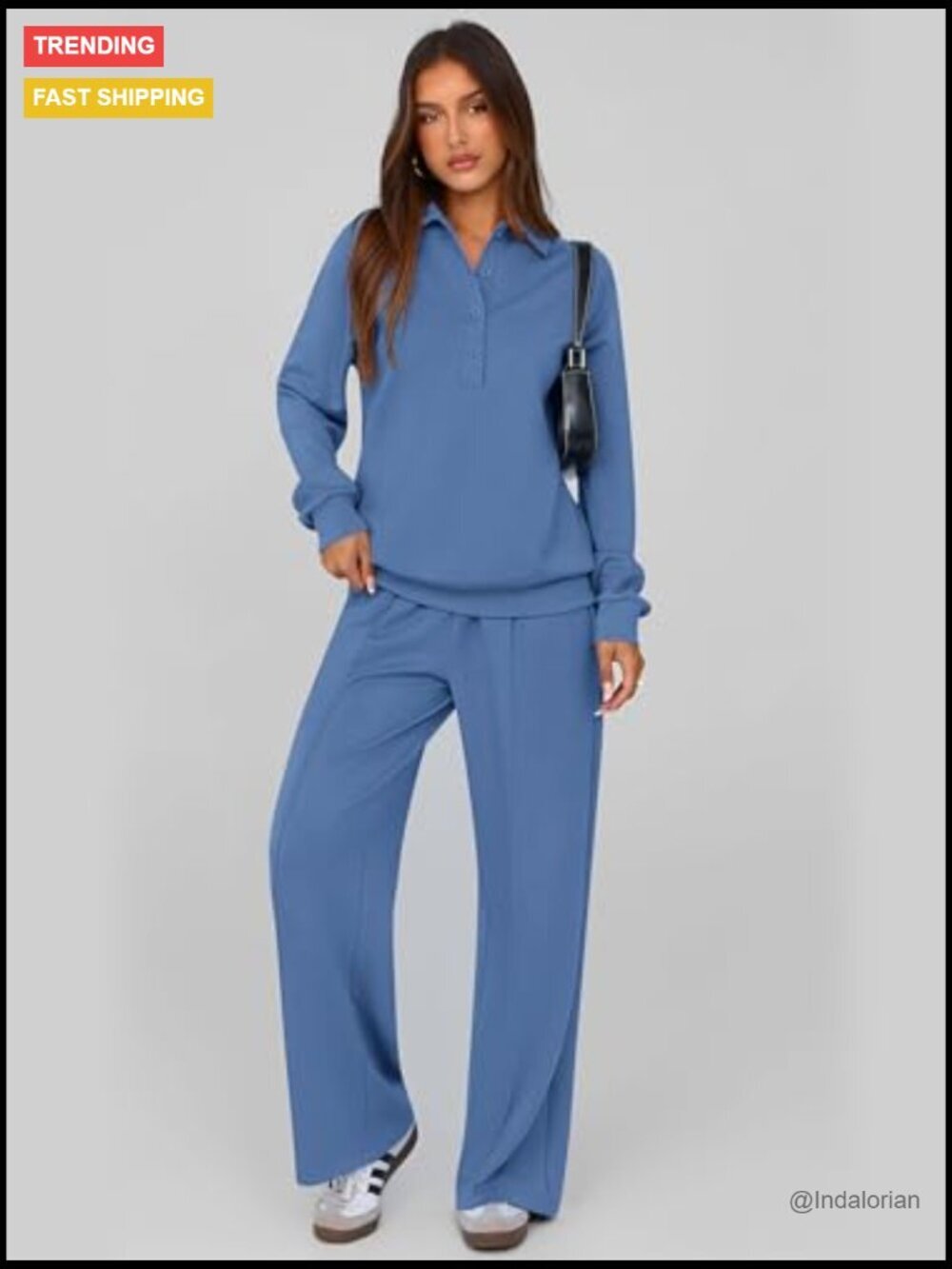 Quarter Button Long Sleeve Sweatshirt Wide Leg Pants Tracksuit Set - Picture 4 of 7